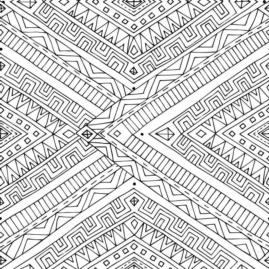 Seamless asian ethnic doodle black, white pattern.