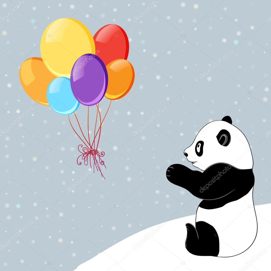 Dots background with colorful baloons and panda.