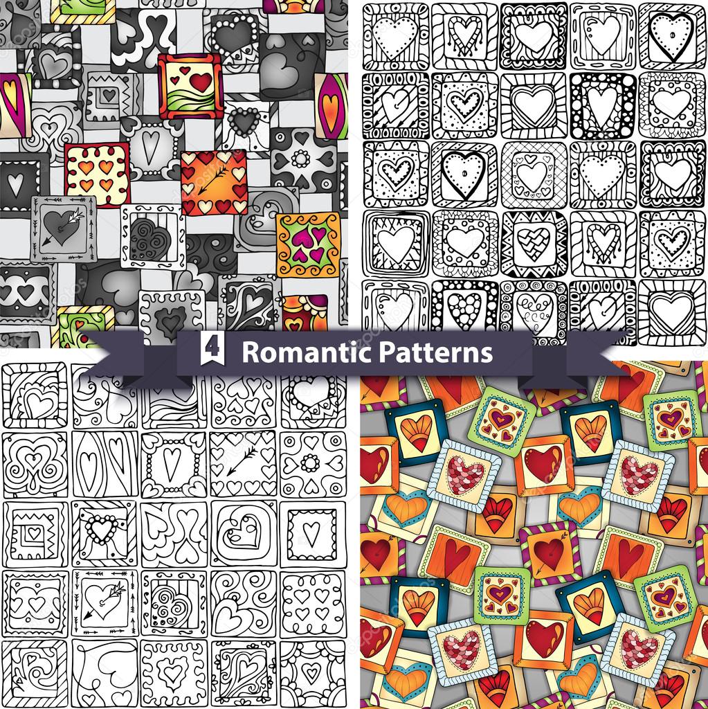 Set of  romantic patterns with doodle hearts.