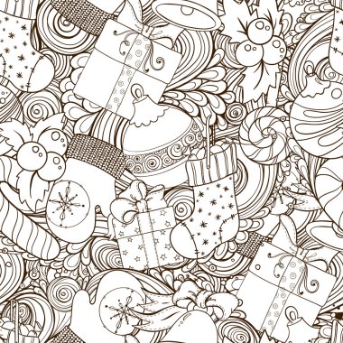 Kış koleksiyonu. Kış simgeler vintage seamless modeli. Kırpma maskesi kolay düzenleme için kullanılan. Kış arka plan kutusu, Hediyelik, top, eldivenler, konfetti ve tatlılar ile.