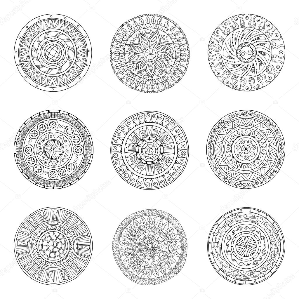 Round geometric ornaments set of had drawn doodle mandalas. Circle lace ornament, round ornamental geometric doily pattern collection. Black and white