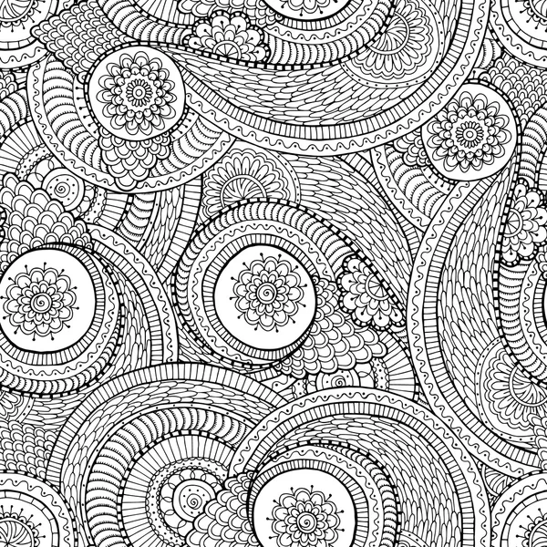 シームレス アジア エスニック花柄落書き黒と白のパターン — ストックベクタ