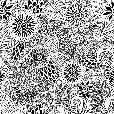 Sorunsuz çiçek doodle siyah ve beyaz arka plan deseni vektör.