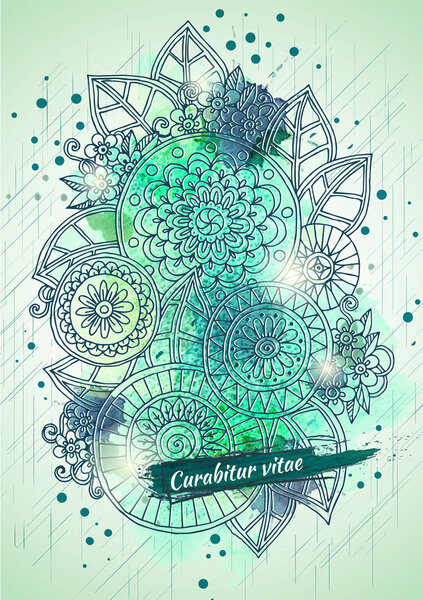 Vector template poster with watercolor paint. Ink floral abstract background.