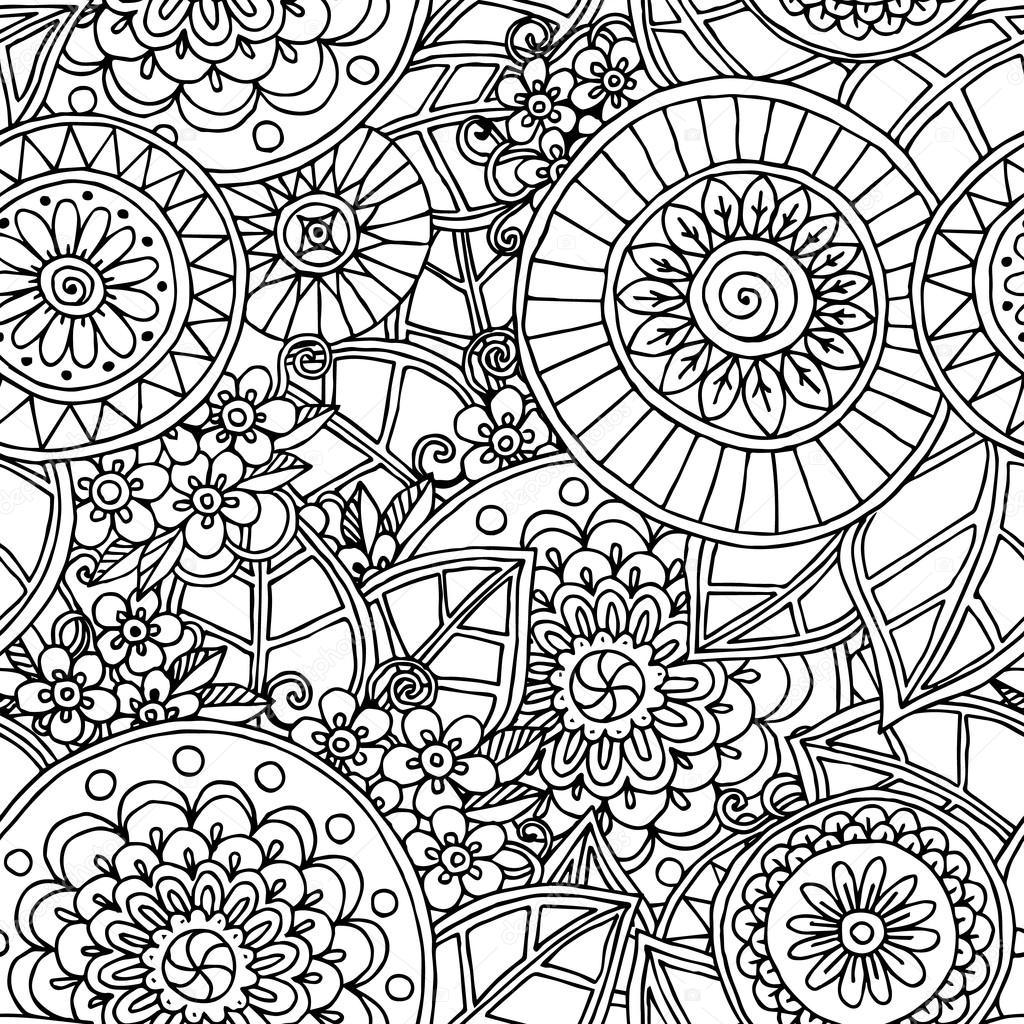 Seamless  floral doodle black and white background pattern in vector.