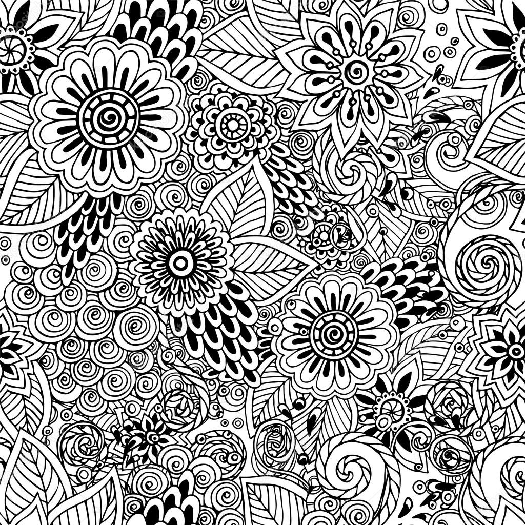 Seamless floral doodle black and white background pattern in vector ...