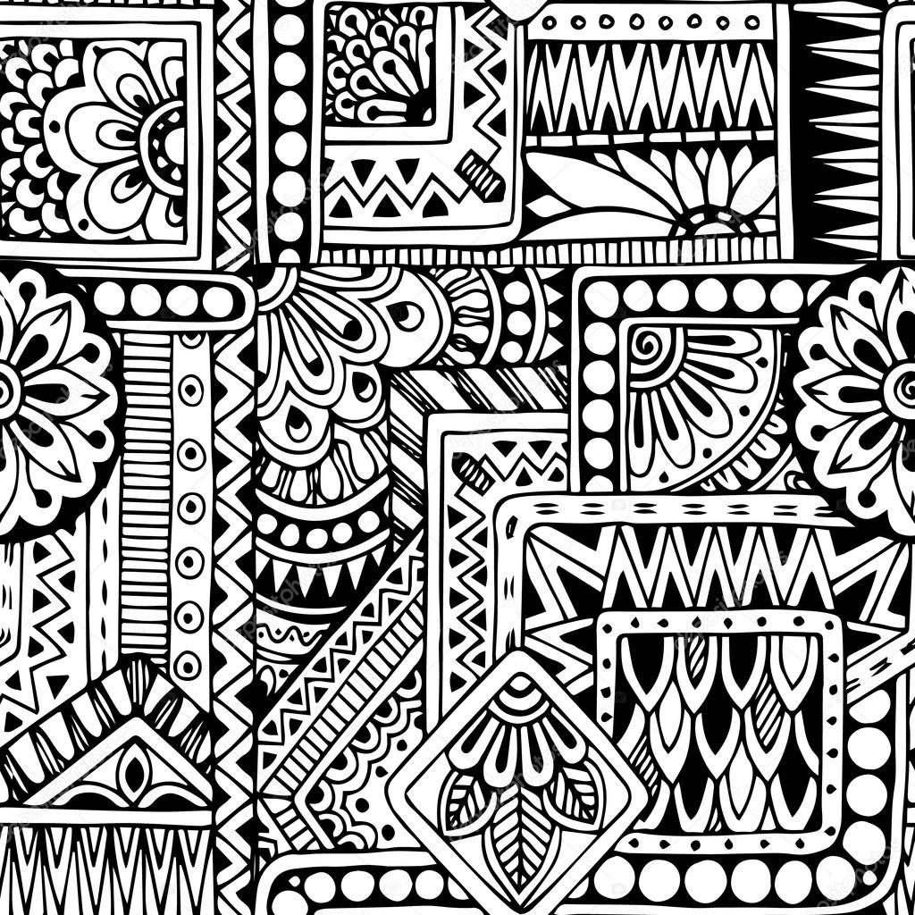 Seamless  floral doodle black and white background pattern in vector.
