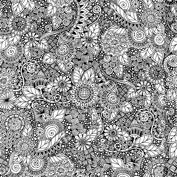 Padrão retro floral sem costura doodle preto e branco no vetor . — Vetor de Stock