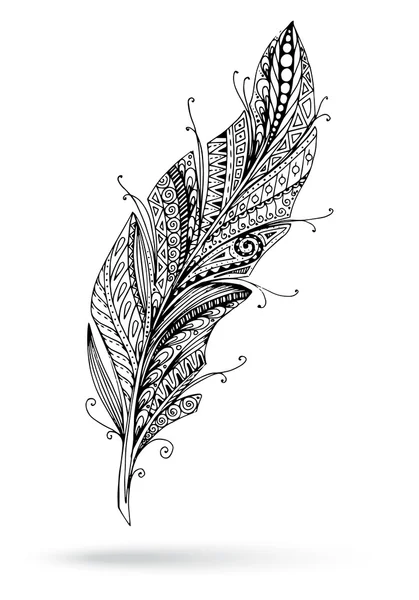 Artistically drawn, stylized, vector feather on a white background. — Stock Vector