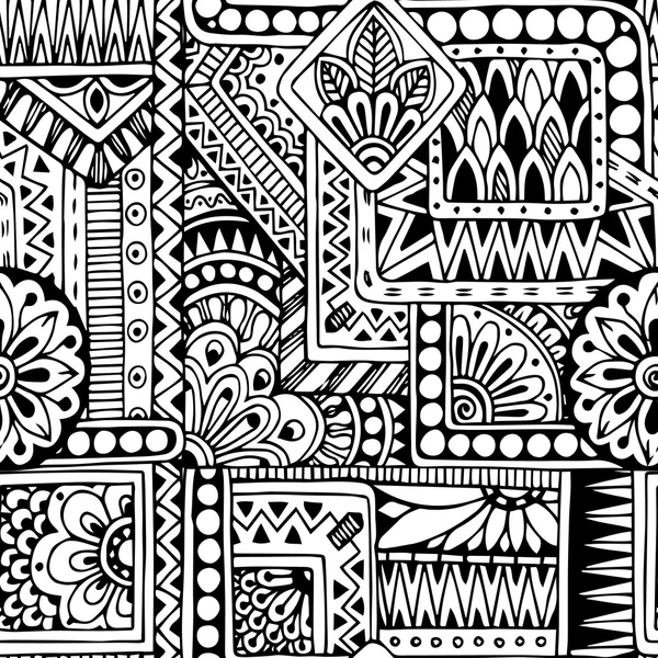 Modèle de fond noir et blanc sans couture doodle ethnique dans le vecteur — Image vectorielle