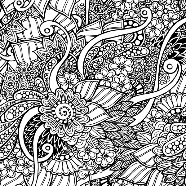 Padrão de fundo sem costura floral retro doodle preto e branco — Vetor de Stock