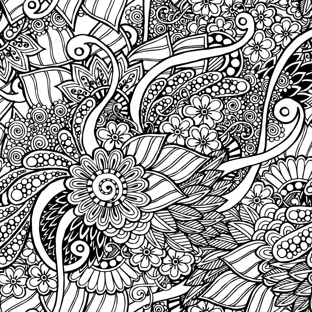 Seamless floral retro doodle black and white background pattern 