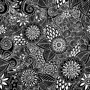 Sorunsuz etnik çiçek retro doodle siyah ve beyaz arka plan deseni