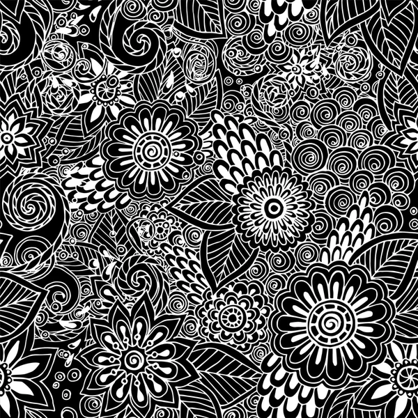 Sans couture ethnique floral rétro doodle noir et blanc motif de fond — Image vectorielle