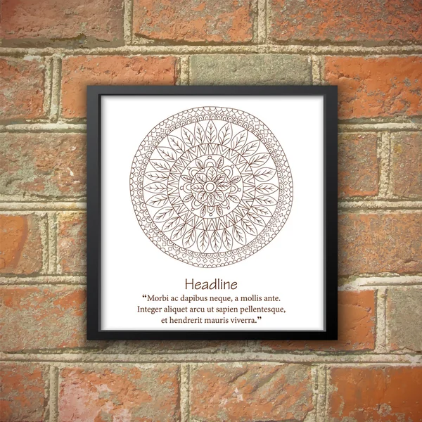 Mandala monochrom in cornice nera sul muro di mattoni . — Vettoriale Stock