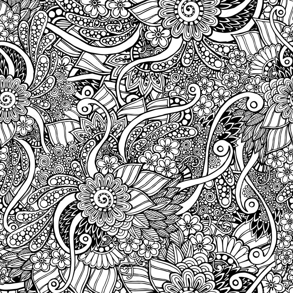 Seamless asian floral doodle black and white pattern in vector. Stock ...