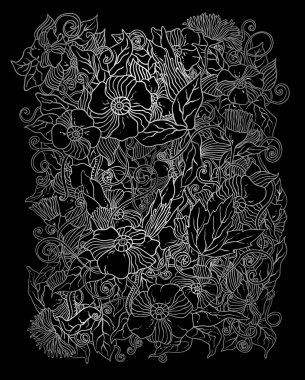 Vektör çiçek arka plan, elle çizilmiş retro çiçek ve yaprak siyah arka plan üzerine