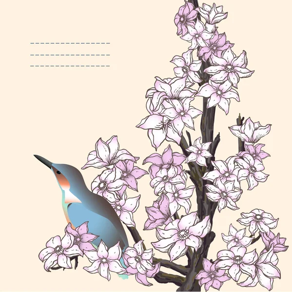 鳥たちと手描きの桜の枝. — ストックベクタ