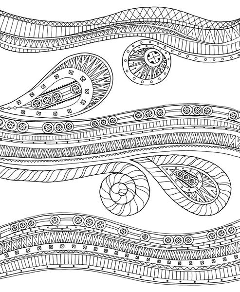 Reihe von originellen Zeichnungen Stammesmuster ethnischen Mustern Grenzen. detaillierte Hintergründe mit geometrischen Elementen. Schwarz-weiße Version. — Stockvektor