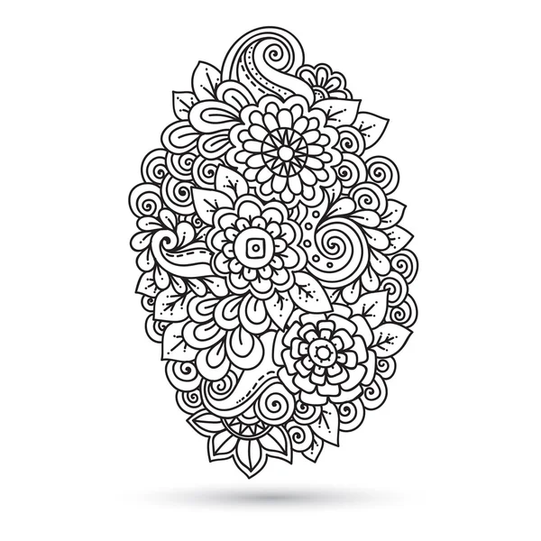 Ethnic floral zentangle, black and white background pattern in vector. Henna paisley mehndi doodles design tribal design element. — Stock Vector