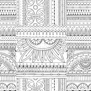 Zentangle aşiret karalamalar ile vektör arka planda. Sorunsuz vektör etnik desen duvar kağıdı, desen dolgularını, çocuklar ve yetişkinler için boyama kitapları ve sayfalar için kullanılabilir. Siyah ve beyaz.