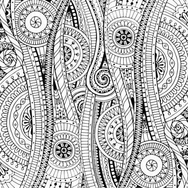 Arka planda vektör karalamalar, çiçek ve paisley doodle. Vektör etnik desen duvar kağıdı, desen dolgularını, çocuklar ve yetişkinler için boyama kitapları ve sayfalar için kullanılabilir. Siyah ve beyaz.