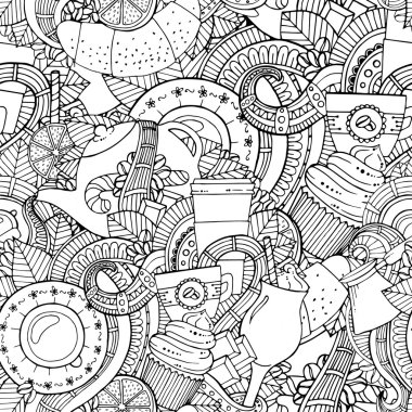 Coffee and tea doodle background in vector with paisley. Seamless zentangle pattern can be used for menu, wallpaper, pattern fills, coloring books and pages for kids and adults. Black and white.