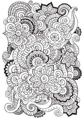 Arka planda vektör karalamalar, çiçek ve paisley doodle. Vektör etnik desen duvar kağıdı, desen dolgularını, çocuklar ve yetişkinler için boyama kitapları ve sayfalar için kullanılabilir. Siyah ve beyaz.