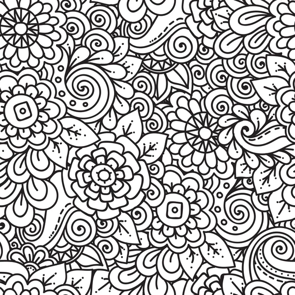 Seamless  floral retro doodle black and white pattern in vector. — Stock Vector