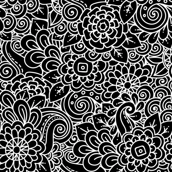 Seamless  floral retro doodle black and white pattern in vector. — Stock Vector