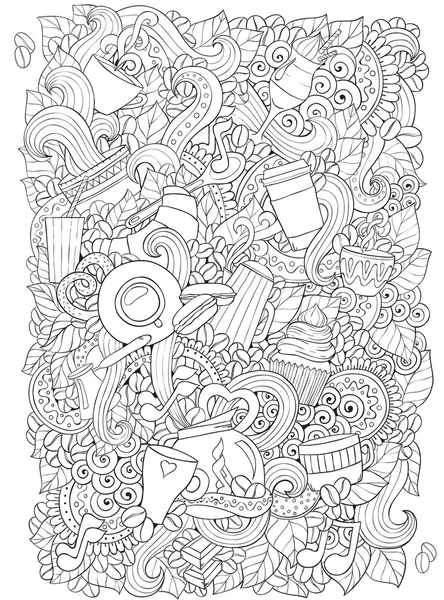 Coffee and tea doodle background in vector with paisley. Ethnic zentangle pattern can be used for menu, wallpaper, pattern fills, coloring books and pages for kids and adults. Black and white.