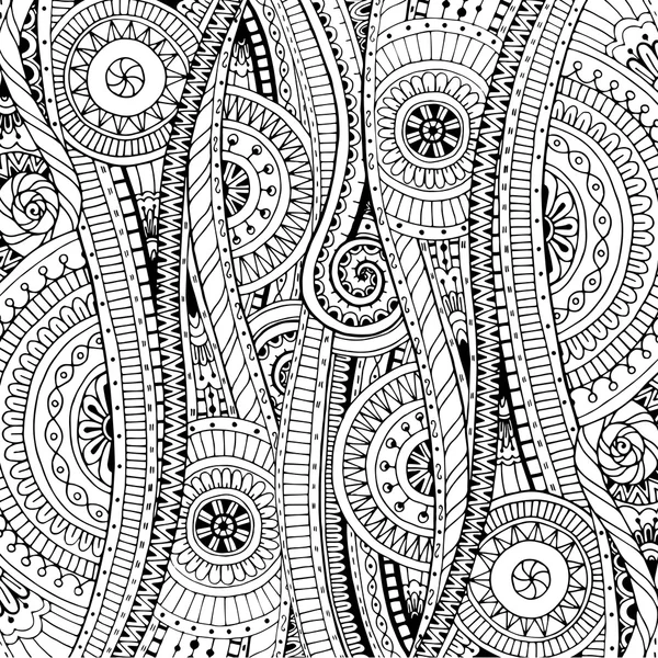 Doodle Hintergrund in Vektor mit Doodles, Blumen und Paisley. Vektor ethnische Muster können für Tapeten, Musterfüllungen, Malbücher und Seiten für Kinder und Erwachsene verwendet werden. schwarz-weiß. — Stockvektor