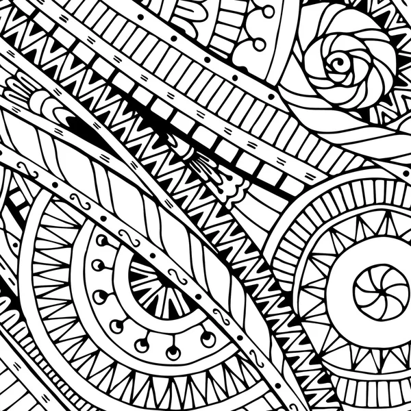 Doodle Hintergrund in Vektor mit Doodles, Blumen und Paisley. Vektor ethnische Muster können für Tapeten, Musterfüllungen, Malbücher und Seiten für Kinder und Erwachsene verwendet werden. schwarz-weiß. — Stockvektor