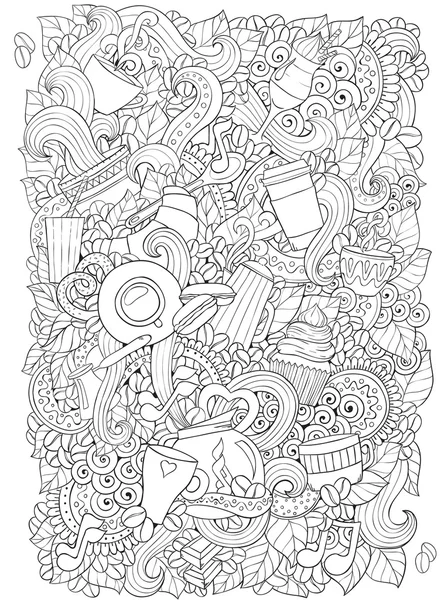 Coffee and tea doodle background in vector with paisley. Ethnic zentangle pattern can be used for menu, wallpaper, pattern fills, coloring books and pages for kids and adults. Black and white. — Stock Illustration Coffee and tea doodle background in vector with paisley. Ethnic zentangle pattern can be used for menu, wallpaper, pattern fills, coloring books and pages for kids and adults. Black and white. Royalty Free Stock Illustrations