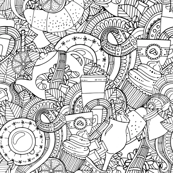 Coffee and tea doodle background in vector with paisley. Seamless zentangle pattern can be used for menu, wallpaper, pattern fills, coloring books and pages for kids and adults. Black and white. Stock Illustration