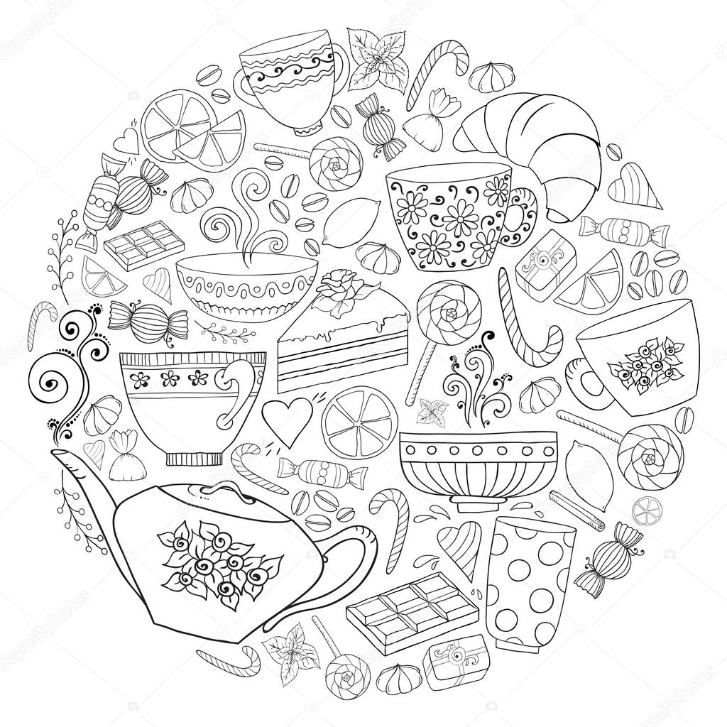 Coffee and tea doodle background in vector with paisley. Ethnic zentangle pattern can be used for menu, wallpaper, pattern fills, coloring books and pages for kids and adults. Black and white.