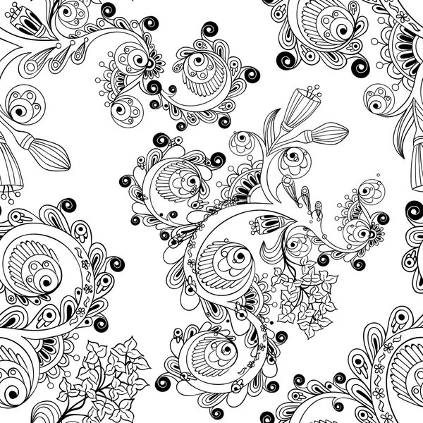 Doodle seamless background with doodles, flowers and paisley.