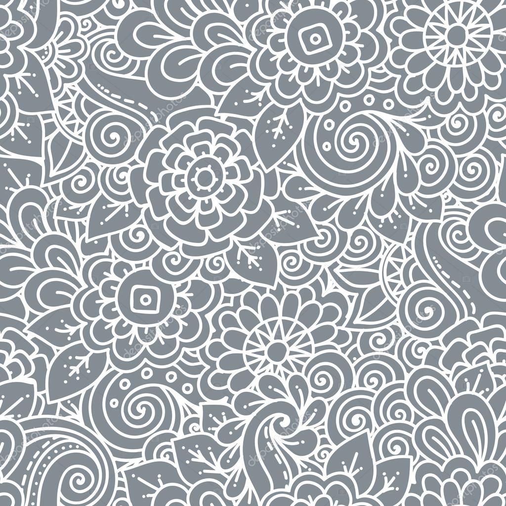 Seamless  floral retro doodle black and white pattern in vector.