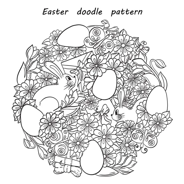 Floral doodle background pattern Happy Easter circle in vector. Henna paisley mehndi design tribal element. Black and white. Pattern With Egg and Bunny Shape. Abstract Happy Easter Doodle Form of Egg. — Stock Vector
