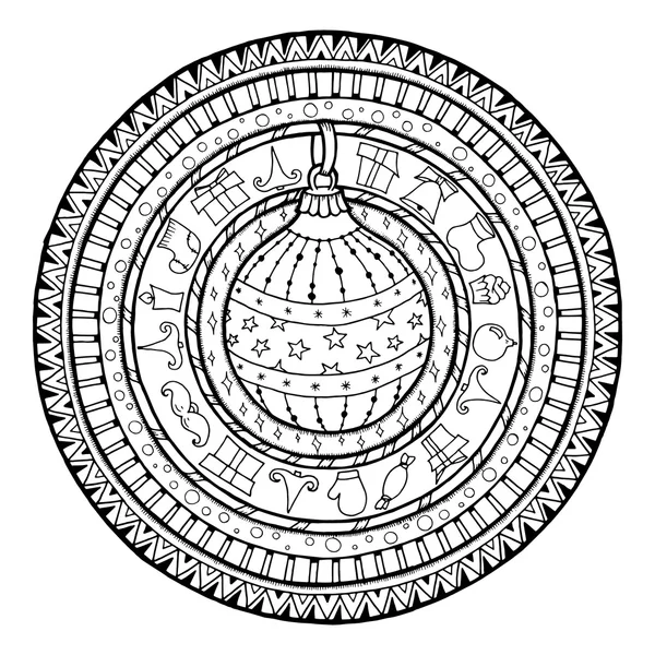 Doodle bola de Navidad en mandala étnica . — Vector de stock