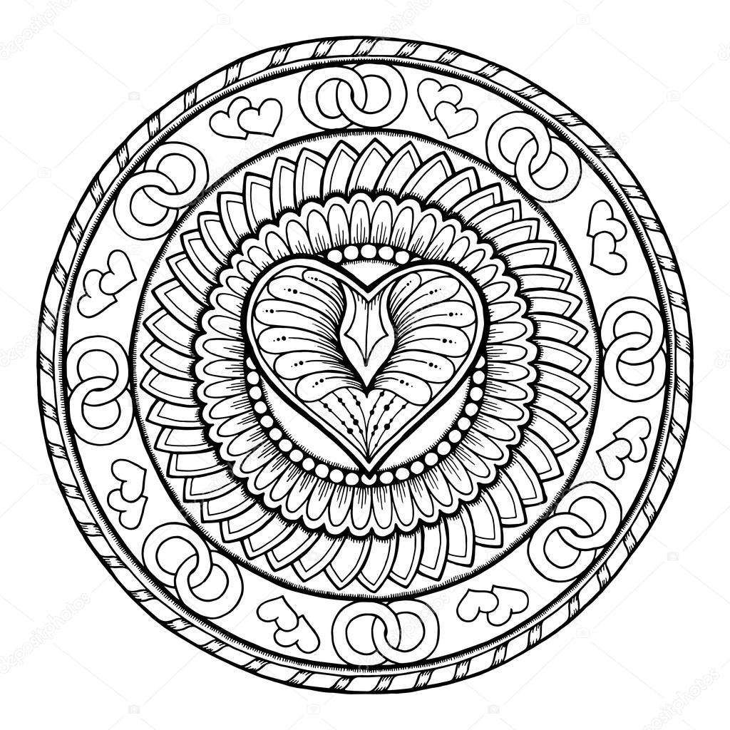 Circle tribal doodle ornament with love heart.
