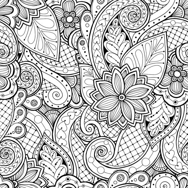 Fundo sem costura em vetor com doodles, flores e paisley . — Vetor de Stock