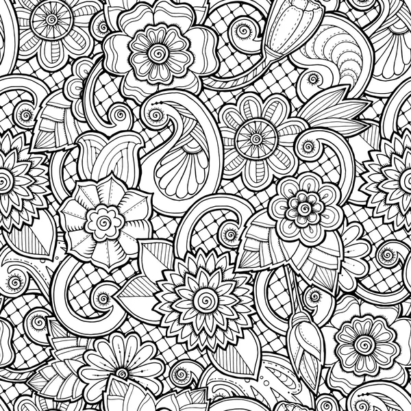 Nahtloser Hintergrund in Vektor mit Doodles, Blumen und Paisley. — Stockvektor