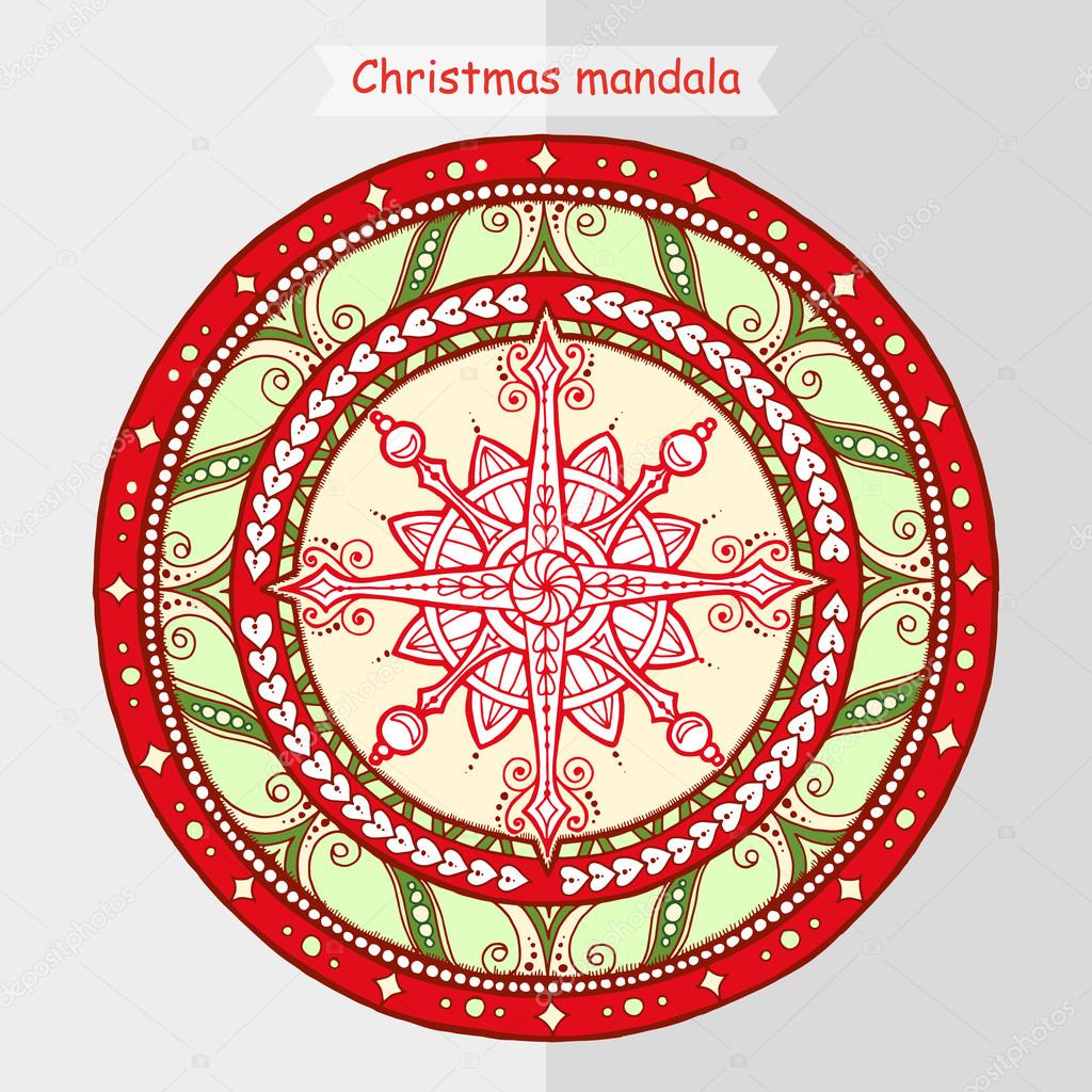 Doodle snowflake on ethnic mandala.