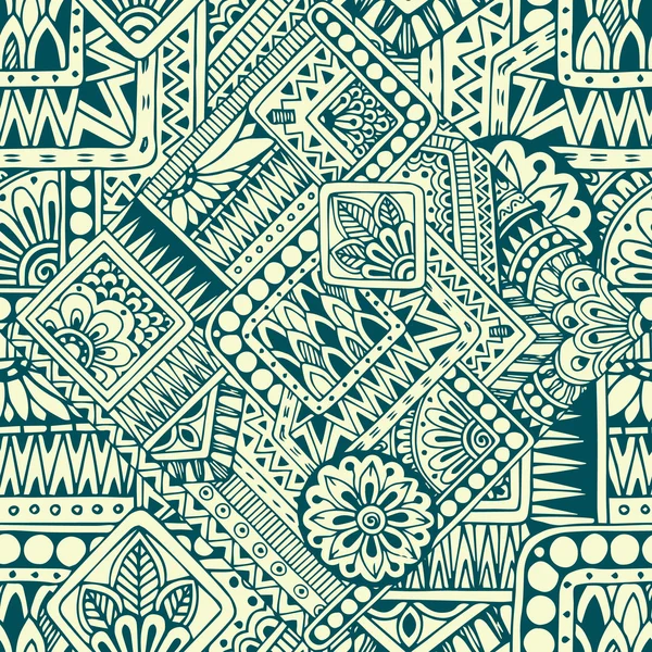 Sem costura asiático étnico floral retro doodle padrão no vetor. Contexto com elementos geométricos . — Vetor de Stock