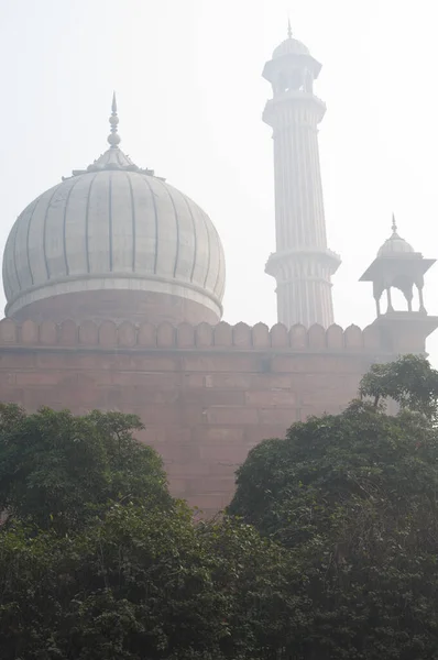 Jama Mescidi Nin Arka Işıklandırmasının Kubbesi Minaresi Eski Delhi Delhi — Stok fotoğraf
