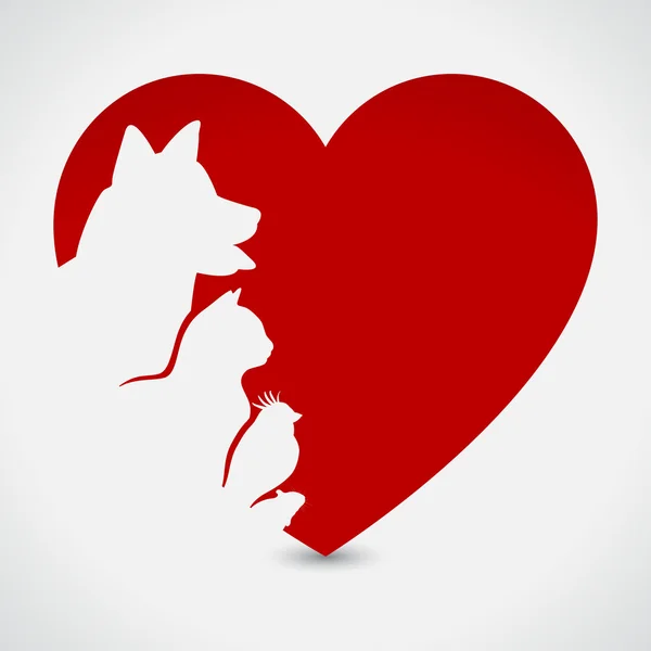 Gato y perro. Corazón rojo — Vector de stock