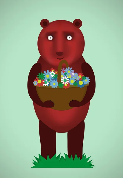 Urso bonito. Buquê de flores — Vetor de Stock