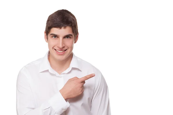 Man in white shirt raised his index finger — Stock Photo, Image