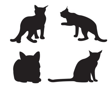 Beyaz bir arka plan üzerinde siluetleri izole kedi kümesi.